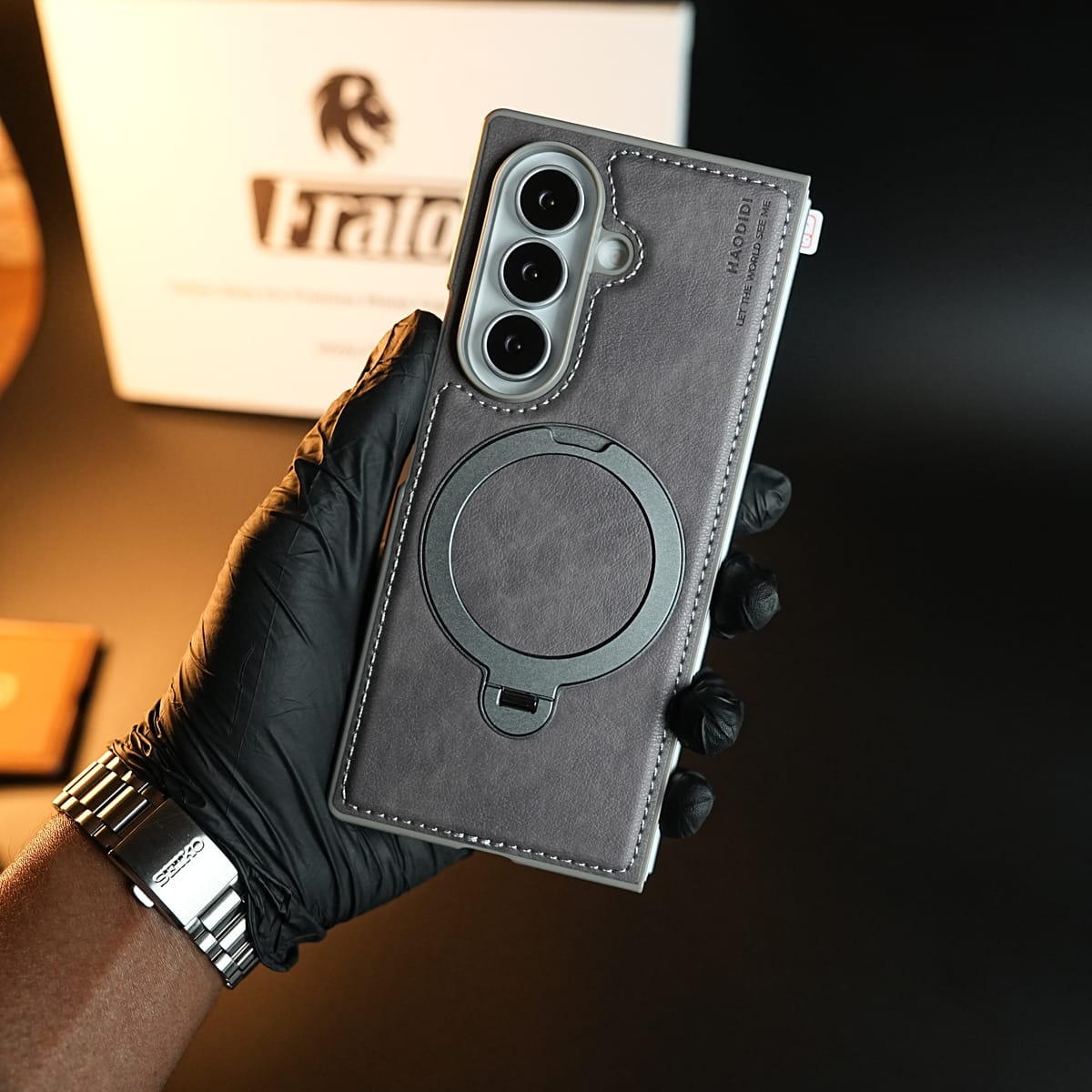 Stitched Leather Texture Case for Galaxy Z Fold 8 Ultra | Ring Stand and Front Frame